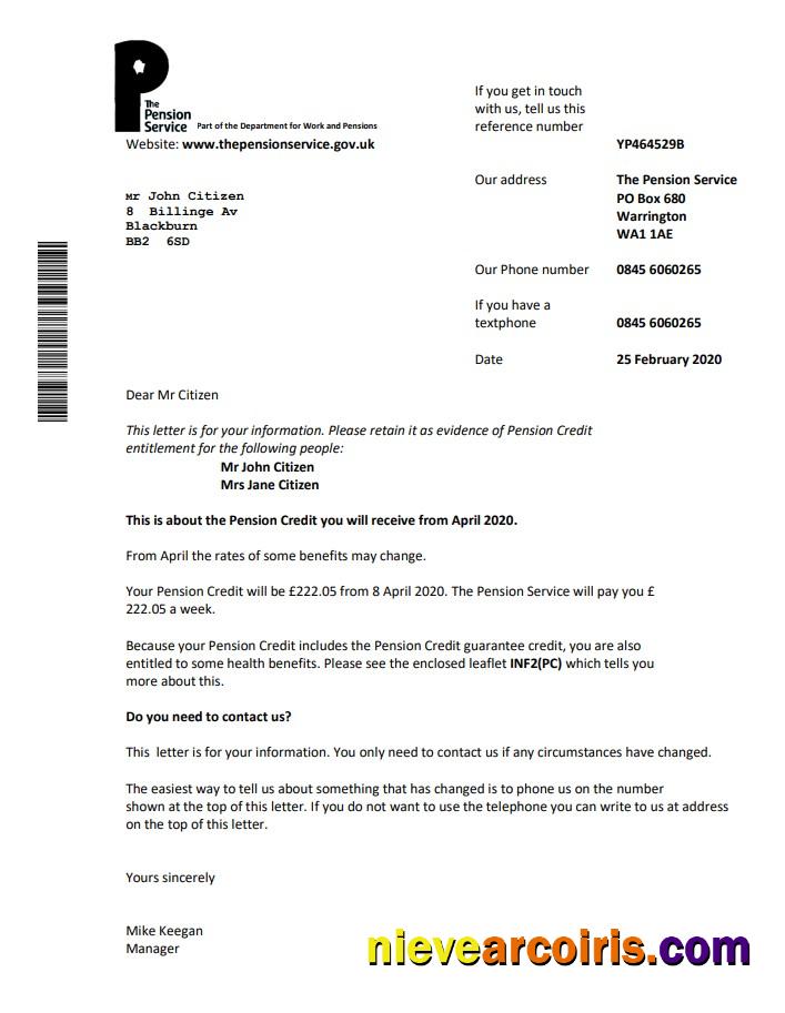 United Kingdom The Pension Service bank proof of address statement in Word and PDF format